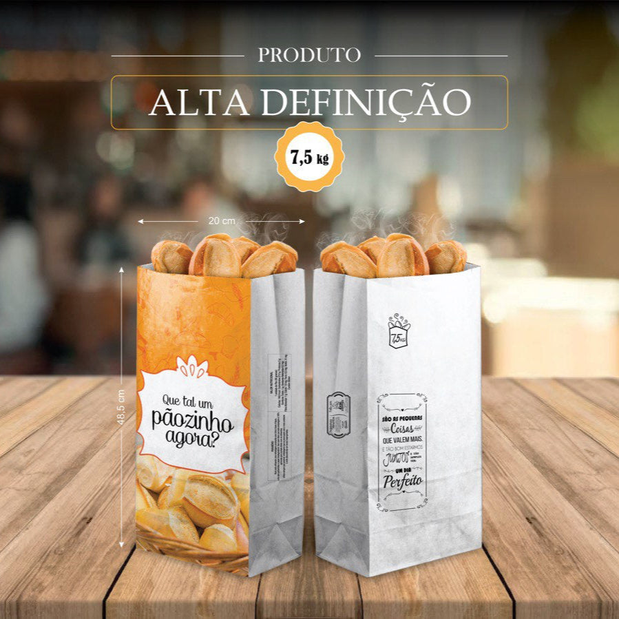 Sacos para pães 7,5kg em Papel Kraft Branco– Impressão Alta Definição - CX 1.000